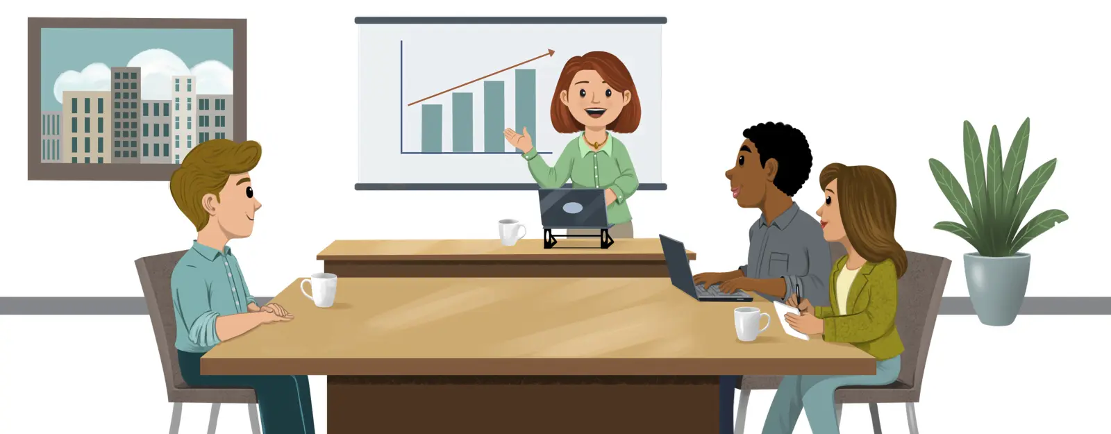 ENFJ woman leading a group meeting, reflecting her motivational leadership, confidence, and ability to inspire others toward a shared goal