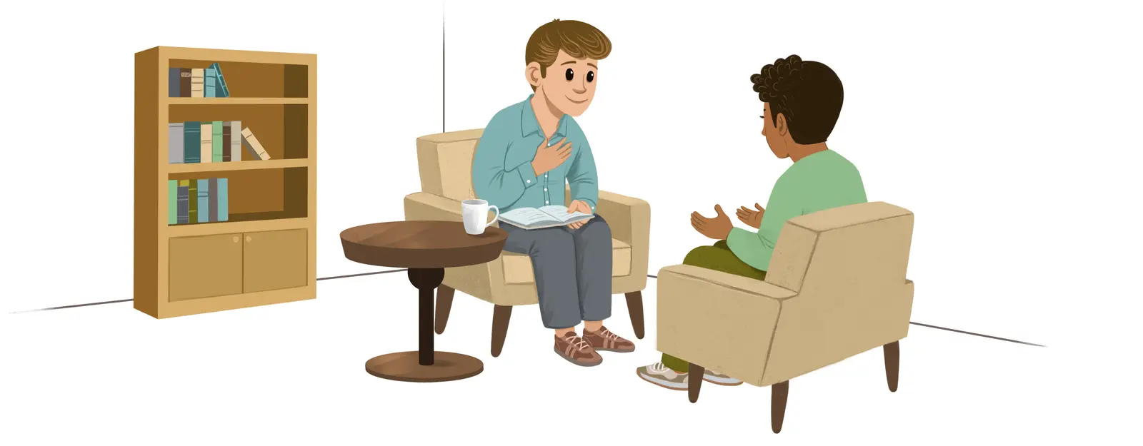 INFJ man listens attentively and offers thoughtful, empathetic support during a calm and meaningful one-on-one conversation